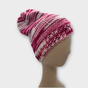 Pink and white woven knit boho bohemian winter ski cap hat X-Small Hippie